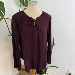 Cloth‎ & Stone Plum Burgundy Lace Up Long Sleeve Rayon Tunic Top M